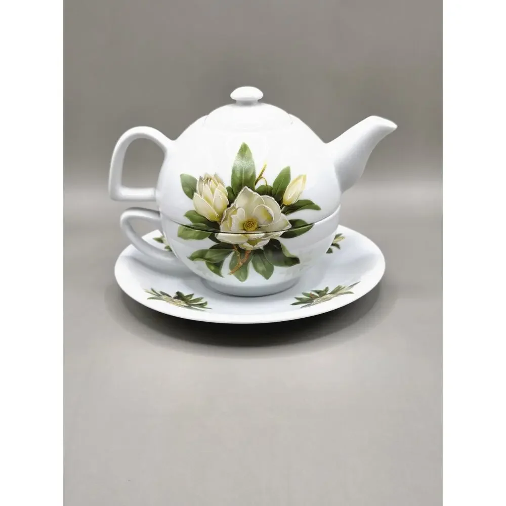 Vintage Porcelain Tea For One Stacking Teapot Cup Saucer Set Magnolia Floral